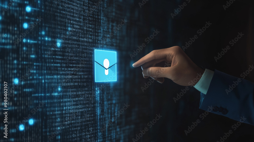 Poster businessman pressing a document icon over a computer binary code.