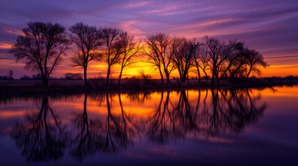 Obraz premium Tranquil Landscape at Dusk with Silhouetted Trees and Reflective Water in Warm Sunset Hues