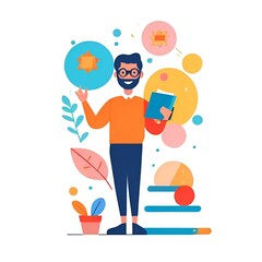 A man wearing glasses stands in front of a bookshelf, holding a book in his hands, engaged in reading.