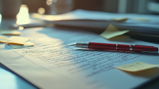 An editor focuses on a printed manuscript, marking corrections with a red pen while surrounded by colorful sticky notes in a sunlit workspace