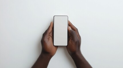 An African American man holds a mobile phone with a blank screen, showcasing the device's sleek design against a pristine white background in a studio environment