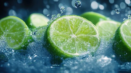 Refreshing Citrus Delight: Sliced Limes in Ice-Cold Sparkling Water - 3D Illustration