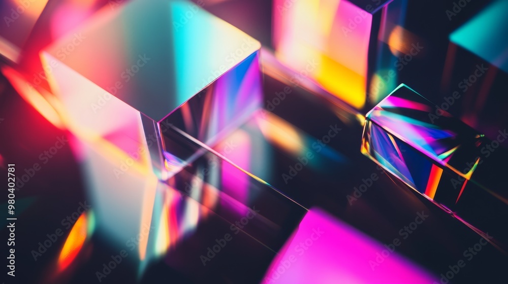 Poster light shines through a prism, creating a mesmerizing display of colorful geometric shapes and soft r