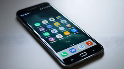 Modern smartphone lies on a wooden tabletop, with empty black screen.