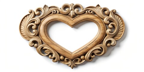 Heart-shaped wooden picture frame decorated with vintage flourishes on a white background