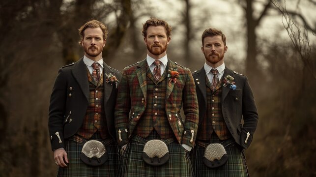 Three men stand side by side in a picturesque outdoor location, proudly wearing traditional Scottish kilts with matching jackets and waistcoats. Their coordinated outfits highlight cultural heritage