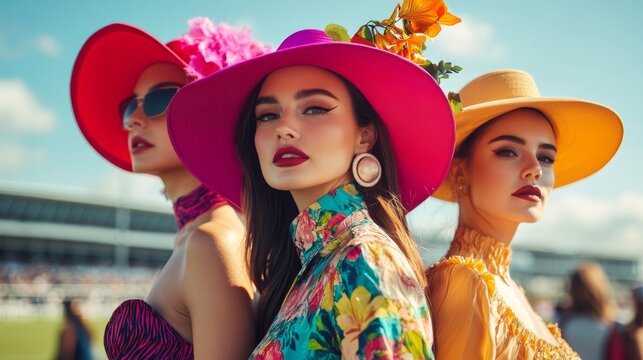 Three fashionable women stand confidently, adorned in oversized hats and bold, colorful dresses, enjoying a sunny day and expressing their unique styles