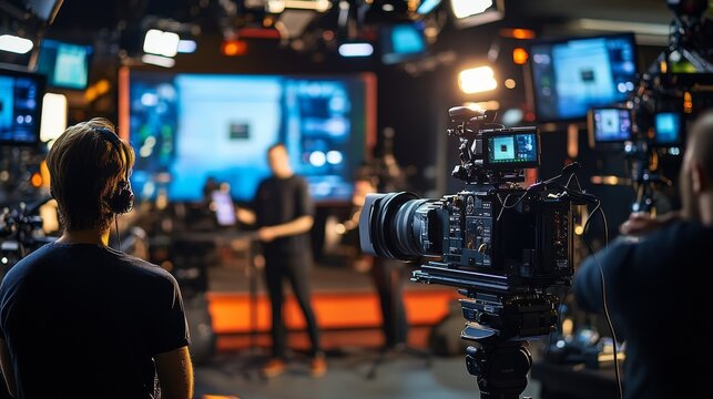 Television cameras are set up to capture a guest speaker addressing an audience in a commercial studio, highlighting the dynamic atmosphere of the live event