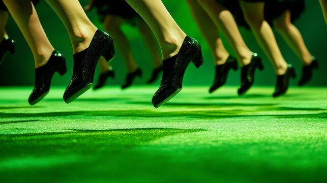 The legs of Irish dancers are in full motion, showcasing their rapid footwork on a vibrant green surface, embodying energy and tradition during a lively performance