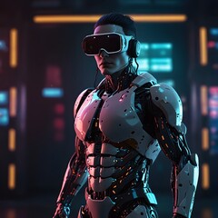 Fototapeta premium metaverse vr simulation gaming cyberpunk style, digital robot, 3d illustration rendering, virtual reality