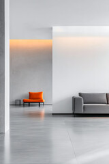 Modern minimalist living room featuring gray and orange furniture with soft lighting in a spacious interior design environment