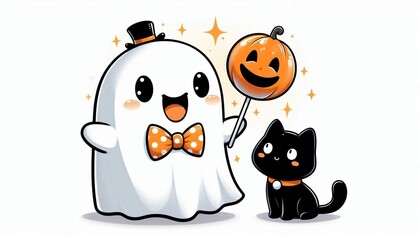 Fototapeta premium Cute Ghost with Pumpkin Lollipop and Adorable Black Cat for Halloween.