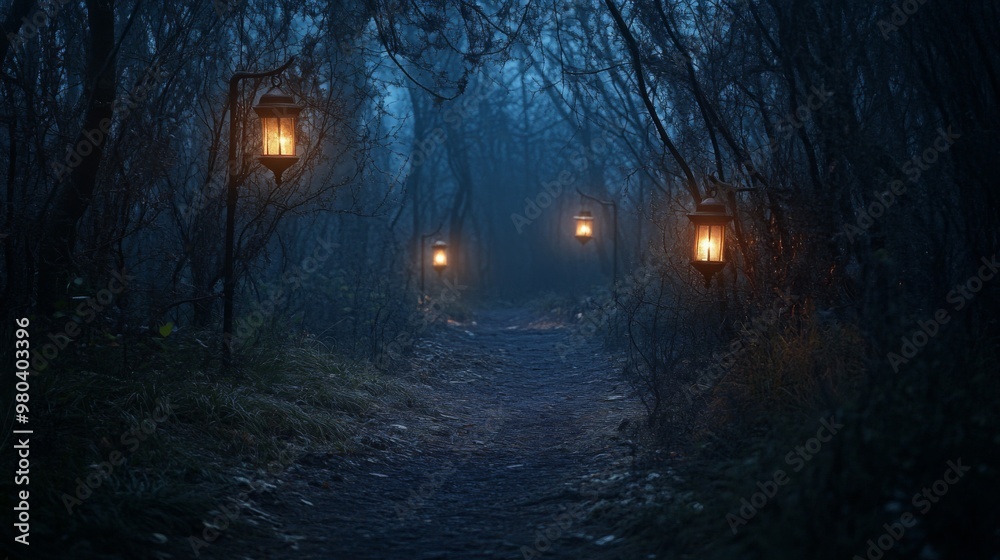 Aufkleber A path winds through a dark and foggy forest. The path is lit by four lanterns hanging from trees, casting a warm glow on the ground