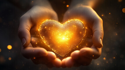 Hands holding glowing heart, symbol of charity, love, and compassion