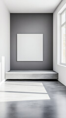 Obraz premium Modern minimalist interior with empty canvas in a sunlit room showcasing simplicity and clean lines