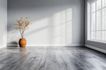 Bright and minimalistic living room interior featuring a vase with dried branches in natural light during daytime