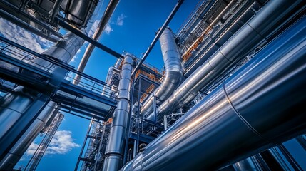A vast arrangement of advanced machinery and pipes designed for efficient carbon capture and storage operates under a clear blue sky, showcasing innovative technology