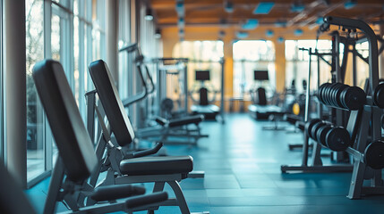 Fototapeta premium Empty Sport gym interior with Exercise equipment is neatly arranged, bathed in natural light 