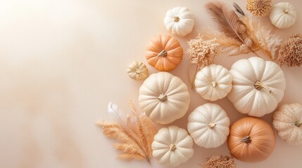 A collection of minimalistic pumpkins in beige and brown tones is beautifully arranged on a pastel-colored surface, creating an autumn aesthetic suitable for seasonal decor