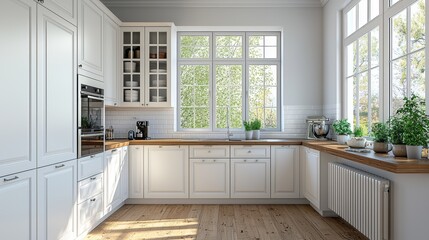 Modern White Kitchen Interior Design with Wooden Floor and Windows