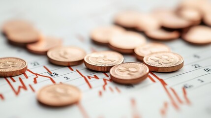 Close up photo of gold coin decorated with graphic concept of falling interest rates with falling stocks in stock trading, investment.