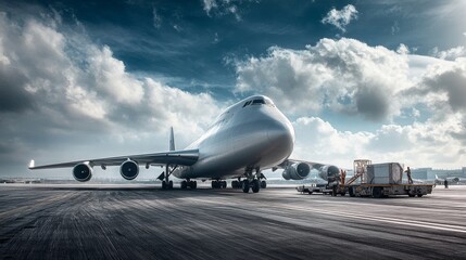 Obraz premium A large cargo aircraft is positioned on the runway, ready for takeoff, set against a backdrop of an expansive, cloud-filled sky in szPVA