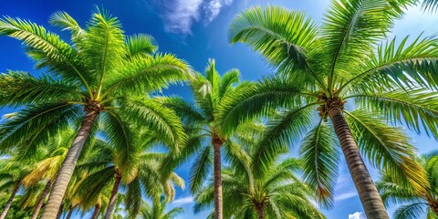 Fototapeta premium Long, feathery strands of a regal palm tree stretch upwards, their slender stems reaching for the sun's warm
