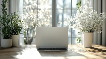 Fototapeta premium Laptop on Wooden Table with White Flowers and Plants in Sunlit Room