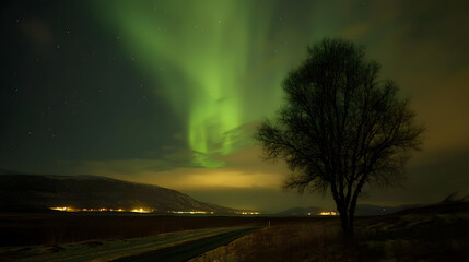 The Northern Lights at the night sky with vibrant hues of green, purple glowing