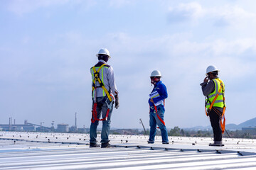 Team engineers wearing full safety body harness working on roof top for inspection metal roof sheet in large factory