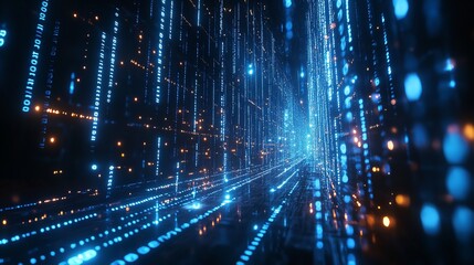 Fototapeta premium Abstract blue and gold light trails create a shimmering, dynamic pattern.