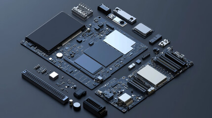 Phone repair service: a disassembled smartphone with its case and electronic components laid out. Includes the CPU and motherboard of the smartphone on an abstract mobile phone schematic. Non-assemble