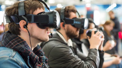 A man wearing VR glasses stands in a modern room, her expression focused and immersed
