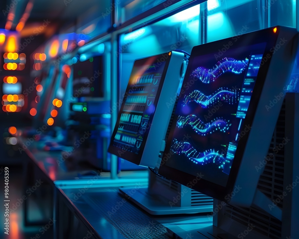 Poster vibrant ai powered genetic sequencing lab with high throughput machines and dynamic digital displays