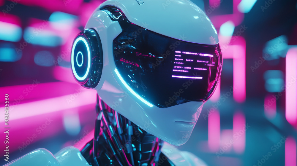 Poster a cybernetic robot works with a virtual hud interface in augmented reality. the humanoid robot, feat
