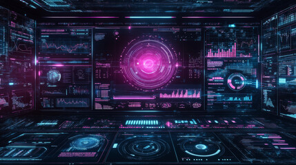 Sci-fi advanced HUD dashboard showcasing virtual reality technology screen. Extensive collection of HUD, GUI elements for VR, and UI design. Futuristic User Interface assortment. Statistics.