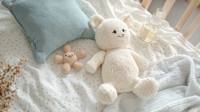 Knitted Teddy Bear Plush Toy on White Bed with Blue Pillow and Baby Blanket