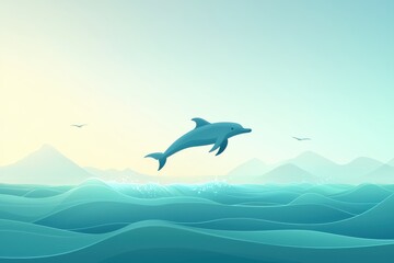 Fototapeta premium Dolphin jumping out of the ocean waves against a serene background