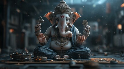 A serene statue of Ganesha, symbolizing wisdom and prosperity, seated in a traditional setting surrounded by offerings.