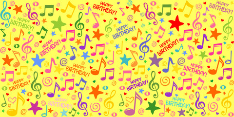 Happy birthday! Seamless blue pattern wallpaper of colorful musical notes, gift box, stars, hearts. Horizontal posters, greeting cards, header, website. Vector Illustration