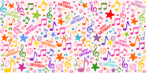 Happy birthday! Seamless pink pattern wallpaper of colorful musical notes, gift box, stars, hearts. Horizontal posters, greeting cards, header, website. Vector Illustration