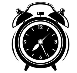 Simple black and white alarm clock ringing and timer vector art. Classic alarm clock stopwatch silhouette.