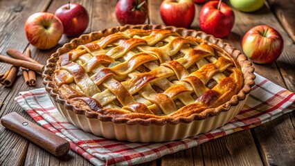 Freshly baked homemade apple pie with crispy golden brown crust and tender fruit filling, perfectly arranged on a rustic wooden table setting.
