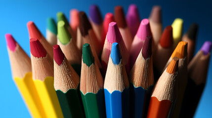 Fototapeta premium An up-close view of vibrant, sharpened colored pencils, showcasing their vivid hues and school-themed charm