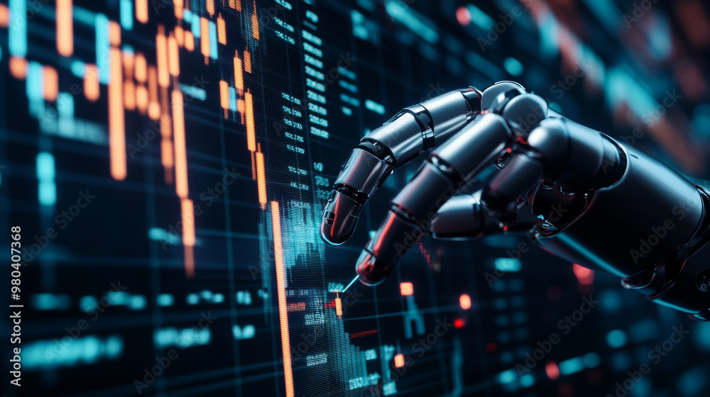 Poster a robot or cyborg hand taps on a chart displaying trading data from the forex stock exchange. the ap