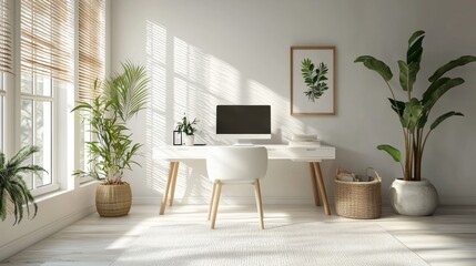 Fototapeta premium Minimalist Home Office Desk with White Chair Plants and Natural Light