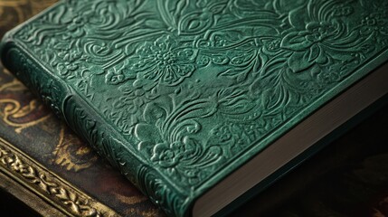 Create a green jade book cover with intricate, embossed patterns.