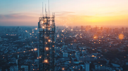 Urban broadband network technology concept. White high-speed mobile internet transmission tower emitting abstract communication signals. 5G wireless telecommunications infrastructure.