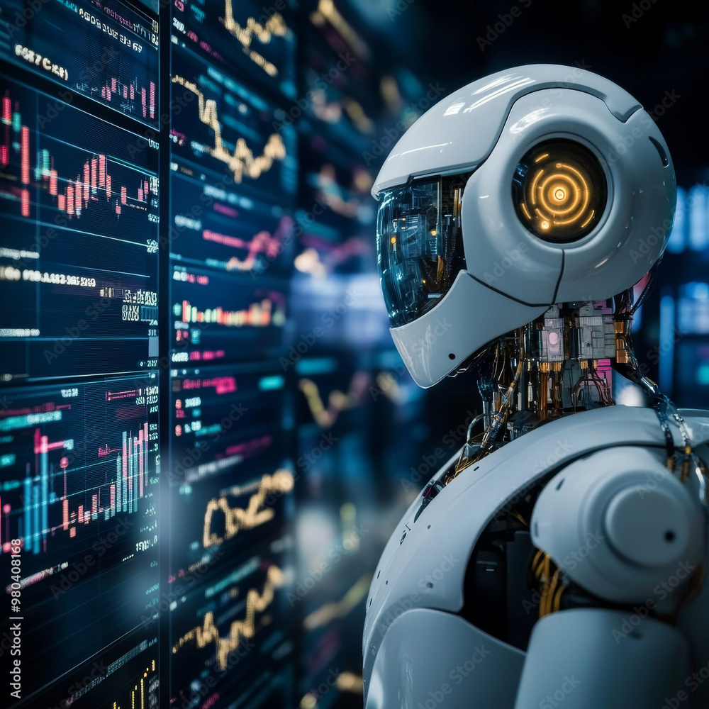 Poster a robot trader assistant operates in the forex market, using an automated trading system. it leverag