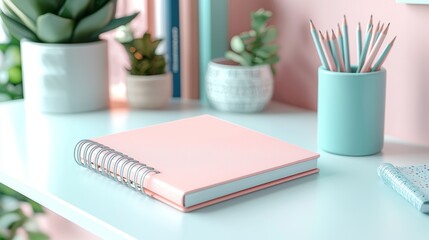 Pink Notebook on White Desk with Pastel Decor